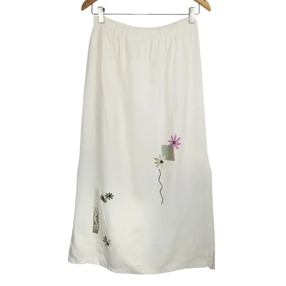 Play Alegre Hand Painted Linen Art To Wear Skirt Jacket Set Cream Size M/L